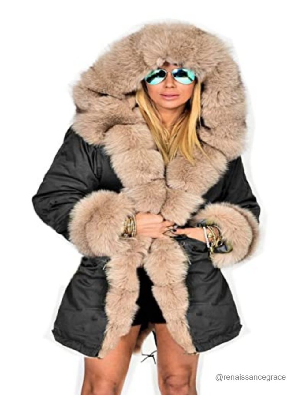 Roiii Thicken Warm Winter Down Parka Hooded Fleece Fur Long Coat